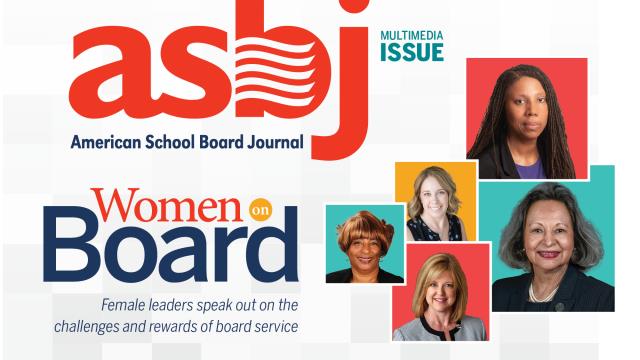 a collage of women school board members with the ASBJ logo and feature story title "Women on Board"
