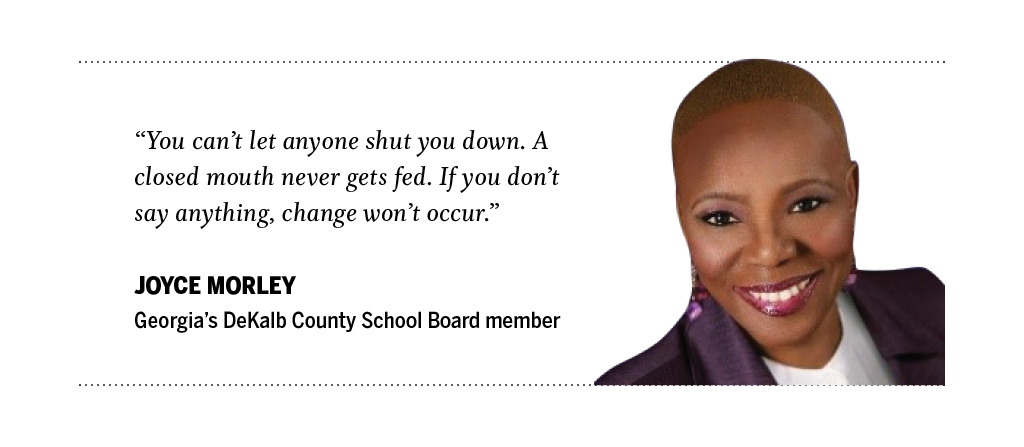 an image of joyce morley saying "you can't let anyone shut you down. A closed mouth never gets fed. If you don't say anything, change won't occur."