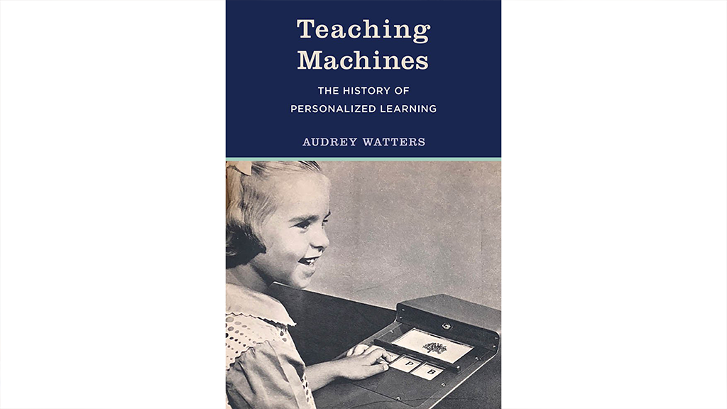 A young girl dressed in clothes and a hairstyle from the 1950s looks out on the cover of the 2021 book, Teaching Machines
