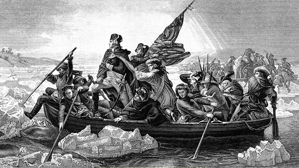 A photo shows the famous drawing of George Washington and a small crew of men in a boat crossing the Delaware River during the American Revolutionary War.