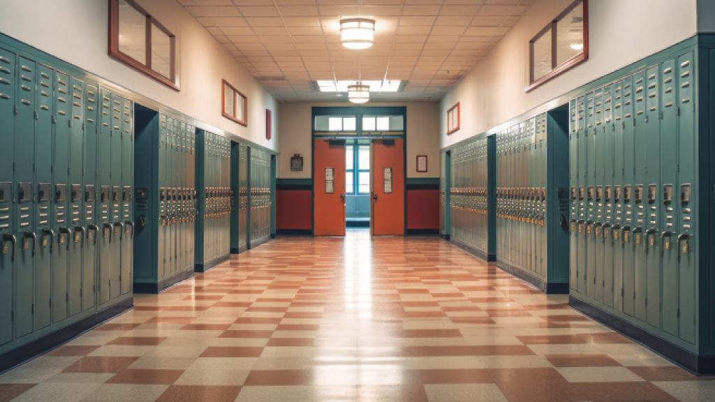 an empty hallway in a high school shows a long row of lockers