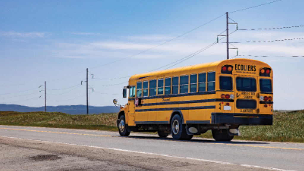 A school bus travels along a road in a rural community. 