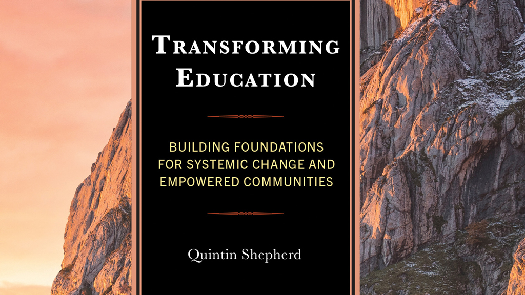 front cover of the book Transforming Education shows a mountain