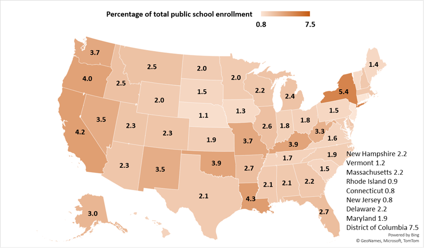 a map of the united states showing percentage of Homeless Students Enrolled in Public Elementary and Secondary Schools. New York has the highest percentages, with states on the west coast and the Bible belt also having high percentages